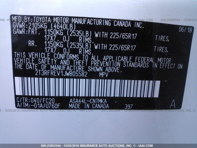 2T3RFREV1JW805582 - 2018 TOYOTA RAV4 ADVENTURE/XLE 白色 照片 9