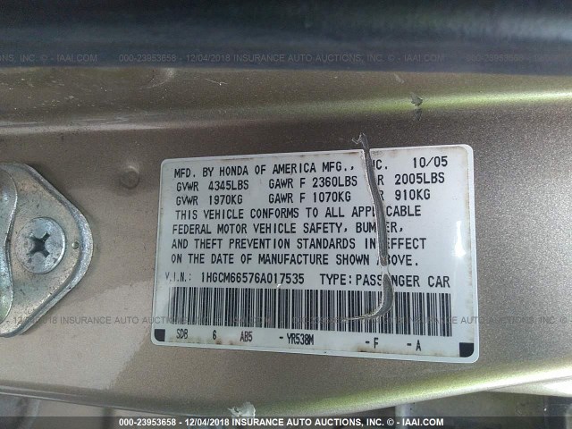 1HGCM66576A017535 - 2006 HONDA ACCORD GOLD photo 9