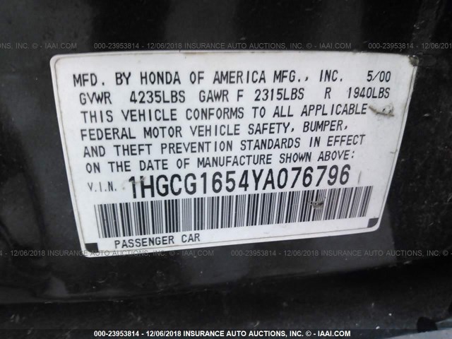 1HGCG1654YA076796 - 2000 HONDA ACCORD EX GREEN photo 9