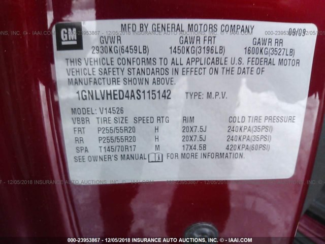 1GNLVHED4AS115142 - 2010 CHEVROLET TRAVERSE LTZ RED photo 9