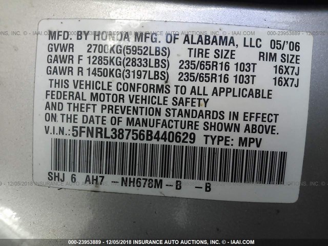 5FNRL38756B440629 - 2006 HONDA ODYSSEY EXL SILVER photo 9