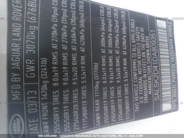 SALSK2D41DA809351 - 2013 LAND ROVER RANGE ROVER SPORT LUX WHITE photo 9