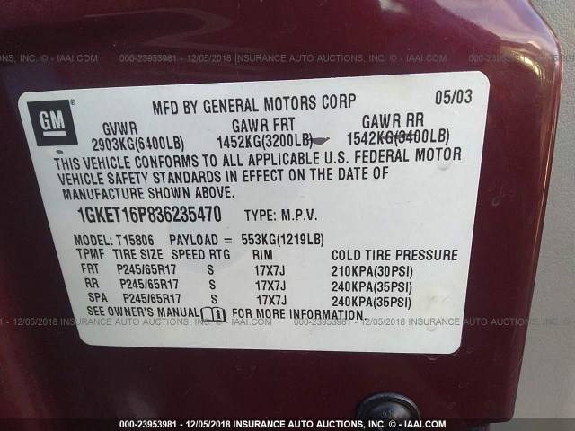 1GKET16P836235470 - 2003 GMC ENVOY MAROON photo 9