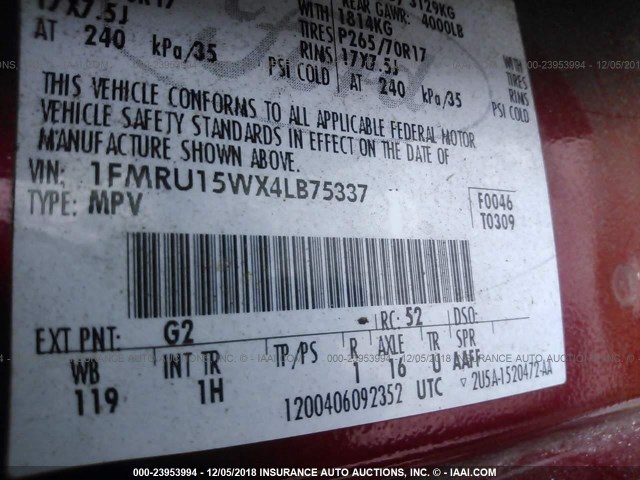 1FMRU15WX4LB75337 - 2004 FORD EXPEDITION XLT RED photo 9