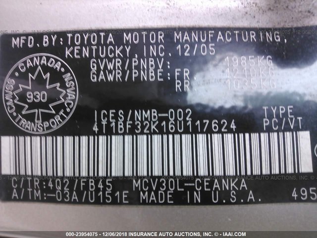 4T1BF32K16U117624 - 2006 TOYOTA CAMRY LE/XLE/SE GOLD photo 9