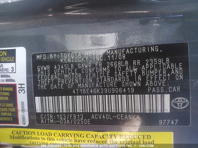 4T1BE46K29U906419 - 2009 TOYOTA CAMRY 灰色 照片 9