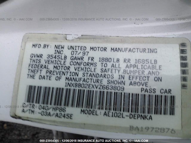 1NXBB02EXVZ663809 - 1997 TOYOTA COROLLA DX WHITE photo 9