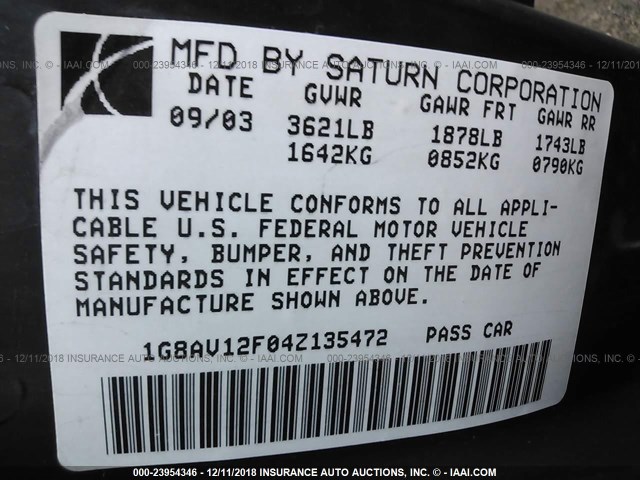 1G8AV12F04Z135472 - 2004 SATURN ION LEVEL 3 WHITE photo 9