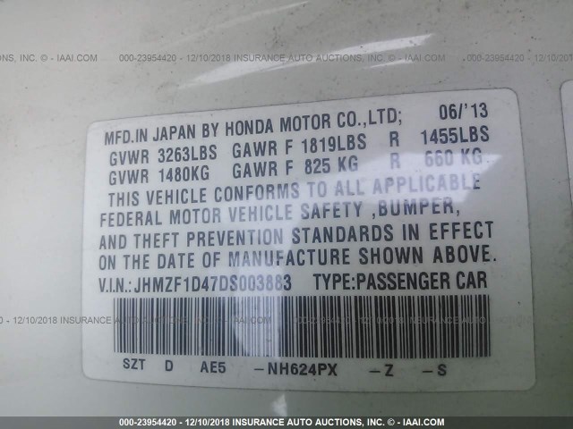 JHMZF1D47DS003883 - 2013 HONDA CR-Z WHITE photo 9