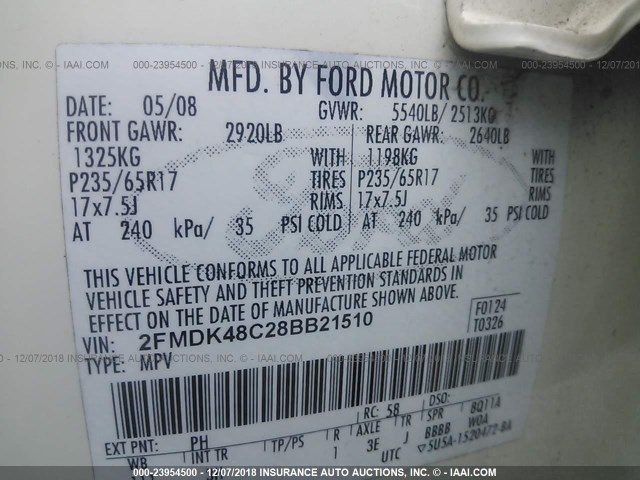 2FMDK48C28BB21510 - 2008 FORD EDGE SEL BEIGE photo 9