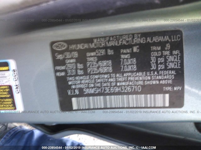 5NMSH73E69H326710 - 2009 HYUNDAI SANTA FE SE/LIMITED BLUE photo 9