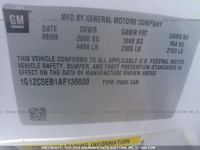 1G1ZC5EB1AF136800 - 2010 CHEVROLET MALIBU 1LT WHITE photo 9