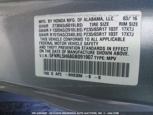 5FNRL5H68GB091907 - 2016 HONDA ODYSSEY EXL GRAY photo 9