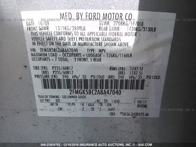 2FMGK5BC2ABA47040 - 2010 FORD FLEX SE SILVER photo 9