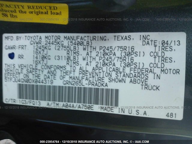 5TFJU4GN0DX044319 - 2013 TOYOTA TACOMA DOUBLE CAB PRERUNNER GRAY photo 9