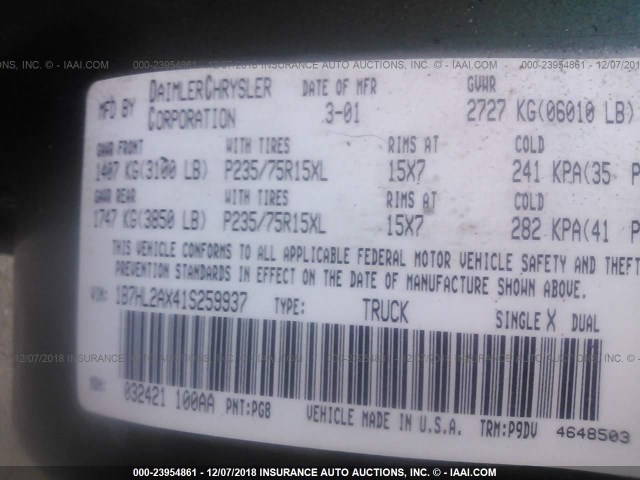 1B7HL2AX41S259937 - 2001 DODGE DAKOTA QUAD GREEN photo 9