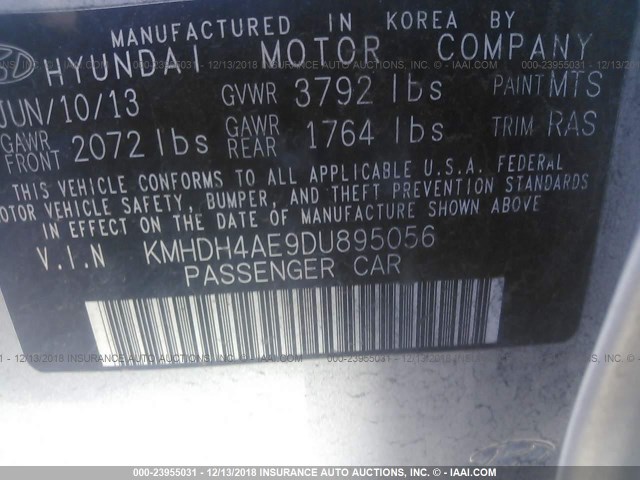 KMHDH4AE9DU895056 - 2013 HYUNDAI ELANTRA GLS/LIMITED SILVER photo 9