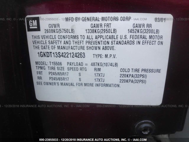 1GKDT13S422124263 - 2002 GMC ENVOY RED photo 9