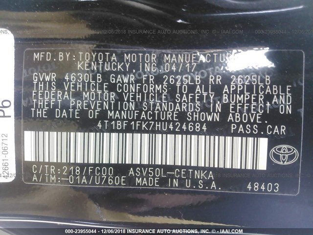 4T1BF1FK7HU424684 - 2017 TOYOTA CAMRY LE/XLE/SE/XSE BLACK photo 9