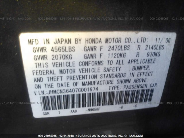 JHMCN36407C001974 - 2007 HONDA ACCORD HYBRID GRAY photo 9