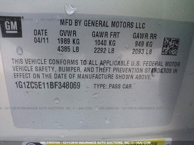 1G1ZC5E11BF348069 - 2011 CHEVROLET MALIBU 1LT 棕色 照片 9