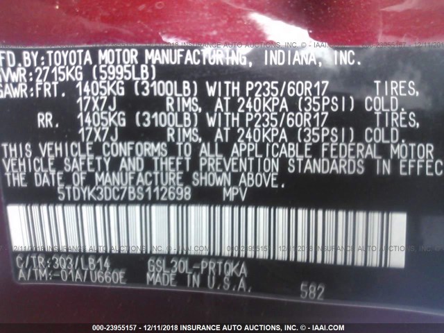 5TDYK3DC7BS112698 - 2011 TOYOTA SIENNA XLE/LIMITED RED photo 9