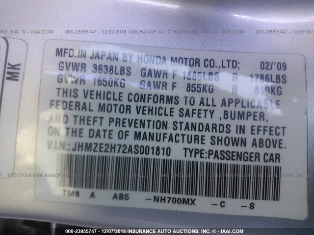 JHMZE2H72AS001810 - 2010 HONDA INSIGHT EX SILVER photo 9