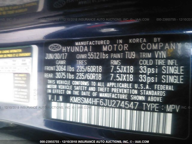 KM8SM4HF6JU274547 - 2018 HYUNDAI SANTA FE SE BLUE photo 9