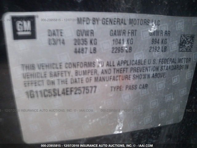 1G11C5SL4EF257577 - 2014 CHEVROLET MALIBU 1LT შავი ფოტო 9
