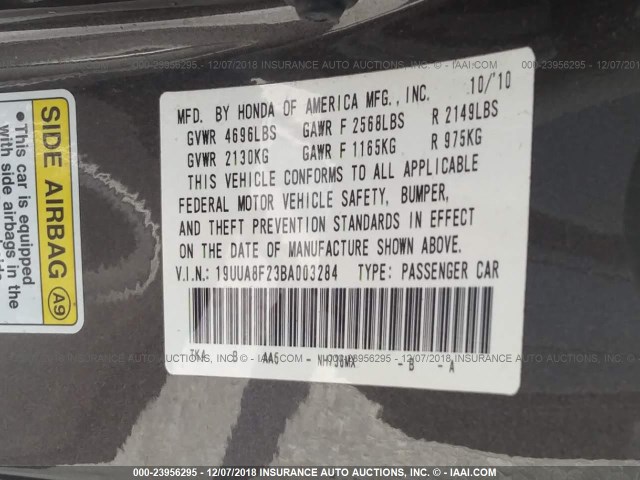 19UUA8F23BA003284 - 2011 ACURA TL GRAY photo 9