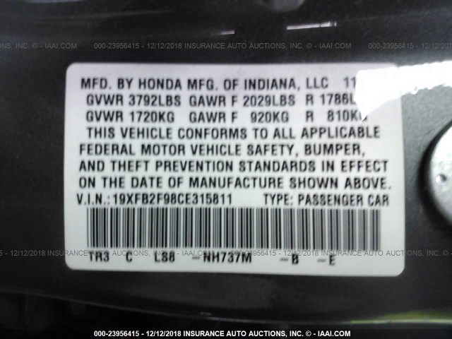 19XFB2F98CE315811 - 2012 HONDA CIVIC EXL GRAY photo 9