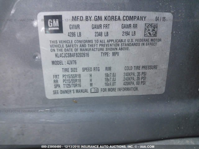 KL4CJCSB4FB202616 - 2015 BUICK ENCORE GRAY photo 9