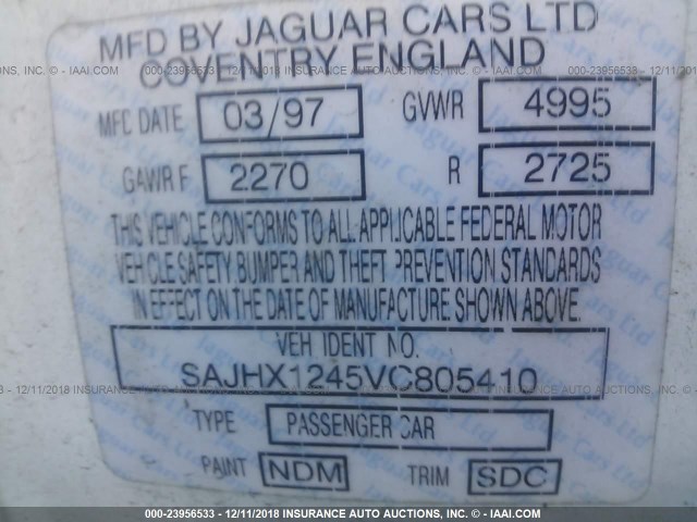 SAJHX1245VC805410 - 1997 JAGUAR XJ6 WHITE photo 9