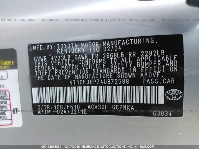 4T1CE38P74U872588 - 2004 TOYOTA CAMRY SOLARA SE/SLE SILVER photo 9