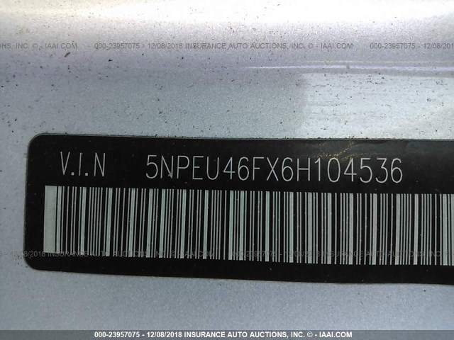 5NPEU46FX6H104536 - 2006 HYUNDAI SONATA GLS/LX SILVER photo 9