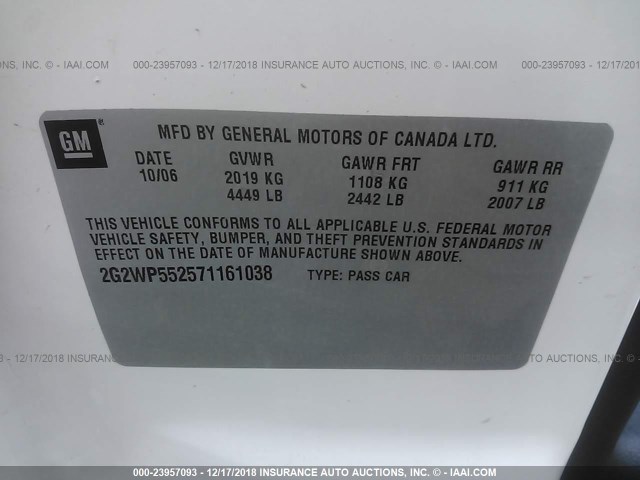 2G2WP552571161038 - 2007 PONTIAC GRAND PRIX WHITE photo 9