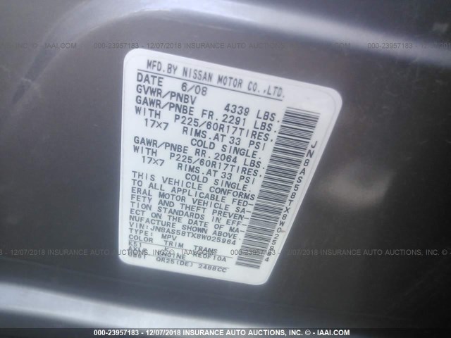 JN8AS58TX8W025964 - 2008 NISSAN ROGUE S/SL SILVER photo 9