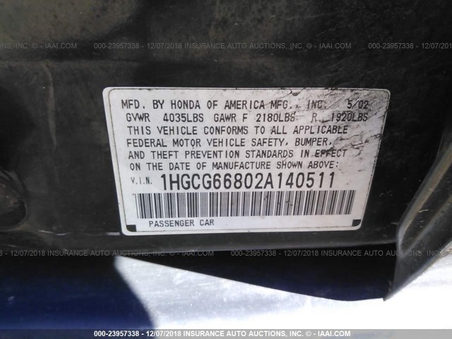 1HGCG66802A140511 - 2002 HONDA ACCORD EX/SE BLACK photo 9