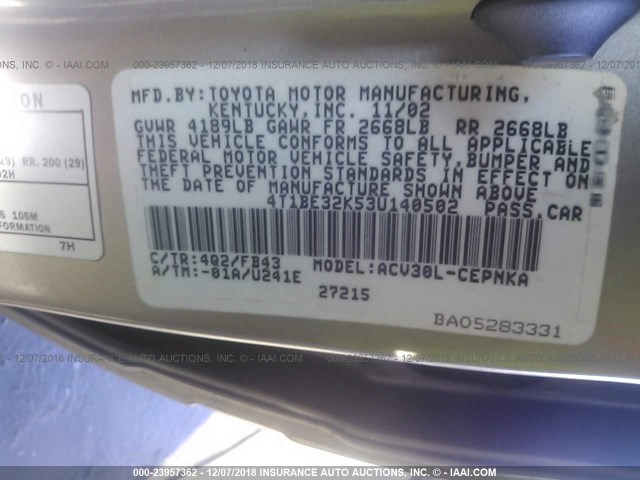 4T1BE32K53U140502 - 2003 TOYOTA CAMRY LE/XLE/SE GOLD photo 9