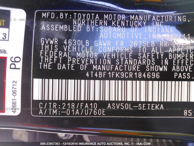 4T4BF1FK9CR184696 - 2012 TOYOTA CAMRY SE/LE/XLE BLACK photo 9