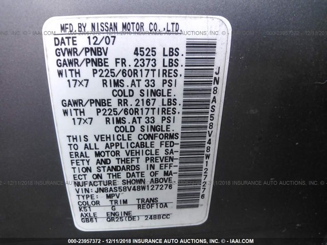 JN8AS58V48W127276 - 2008 NISSAN ROGUE S/SL GRAY photo 9