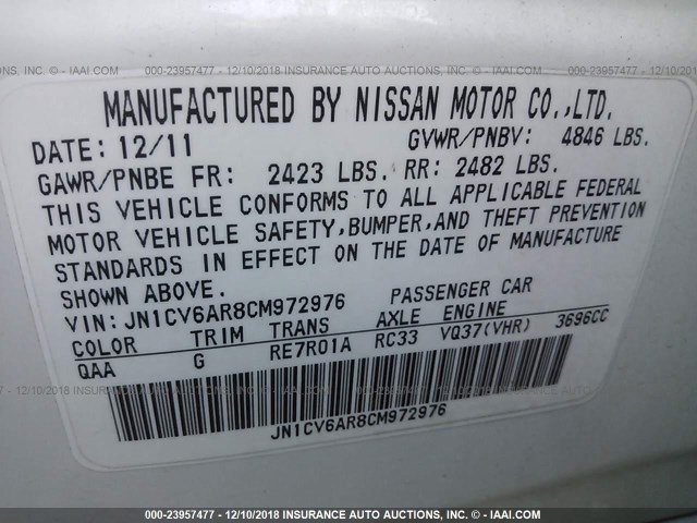 JN1CV6AR8CM972976 - 2012 INFINITI G37 WHITE photo 9