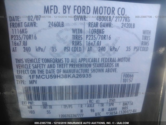 1FMCU59H38KA26935 - 2008 FORD ESCAPE HEV BLACK photo 9