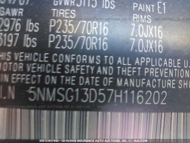 5NMSG13D57H116202 - 2007 HYUNDAI SANTA FE GLS GRAY photo 9