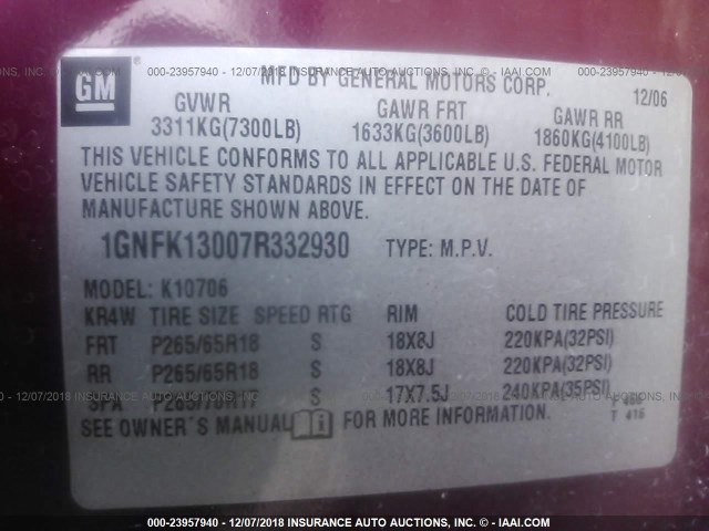 1GNFK13007R332930 - 2007 CHEVROLET TAHOE K1500 MAROON photo 9