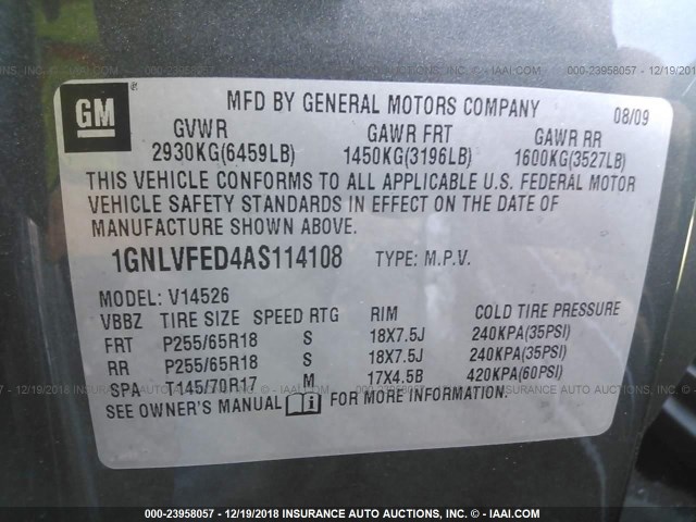 1GNLVFED4AS114108 - 2010 CHEVROLET TRAVERSE LT GRAY photo 9