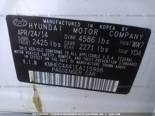 KMHEC4A41EA115998 - 2014 HYUNDAI SONATA HYBRID WHITE photo 9