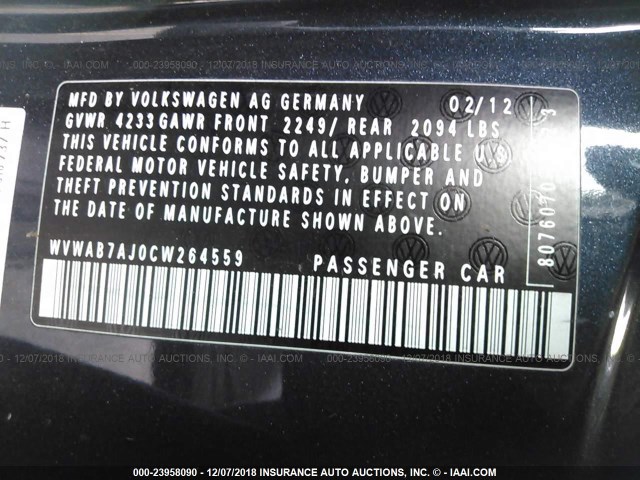 WVWAB7AJ0CW264559 - 2012 VOLKSWAGEN GOLF 蓝色 照片 9