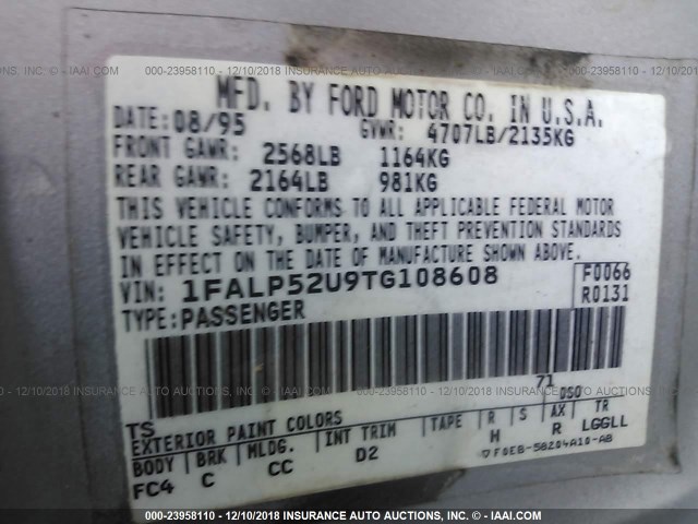 1FALP52U9TG108608 - 1996 FORD TAURUS GL SILVER photo 9