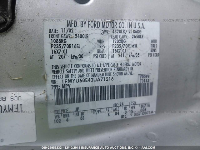 1FMYU60E43UA71216 - 2003 FORD EXPLORER SPORT SILVER photo 9